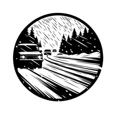 Cars navigating a snowy road during winter Vector Logo Art