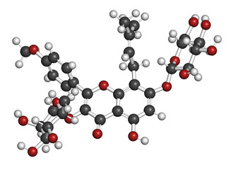 Icariin herbal flavonoid molecule. 3D rendering.