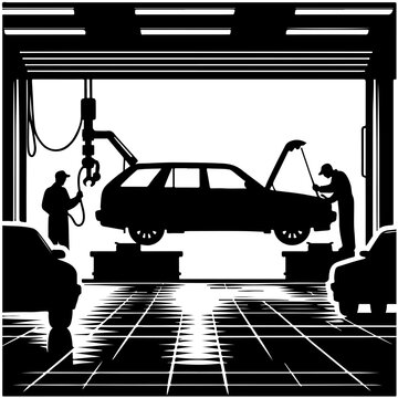 Cars undergoing maintenance at an auto repair shop Vector Logo Art