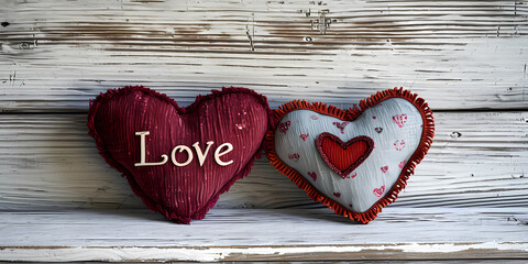 two Heart-shaped Pillows, One with the Word "LOVE." on wood, top view card, Love and Valentines day concept.