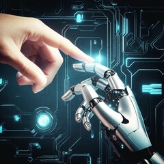 Robot Human Hand Future Artificial Machine learning. Human and robot hands touch with a futuristic backdrop resembling a circuit board