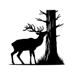 Deer scratching its antlers against a tree trunk Vector Logo Art