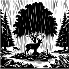 Deer seeking shelter under a canopy of trees during rainfall Vector Logo Art