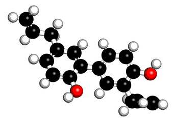 Honokiol herbal molecule, present in magnolia. 3D rendering.