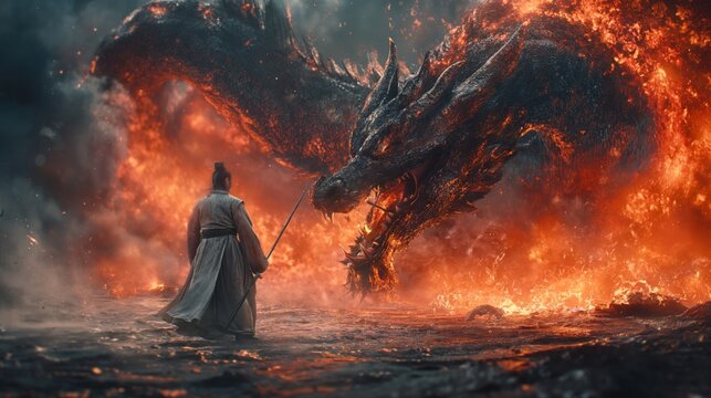 Epic shot, A ancient Chinese warrior holding spear, wearing hanfu. fighting with a fire dragon, traditional Chinese ink painting style, exaggerated perspective