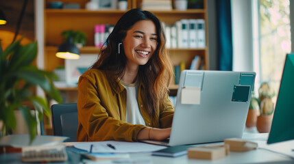 Happy young woman working remotely on virtual video team meeting call, remote work and flexible culture concept, smiling asian female digital nomad freelancing on laptop from home, copy space - Powered by Adobe