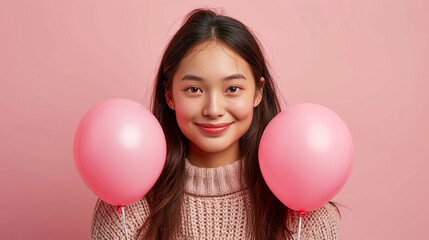 Fototapeta na wymiar Beautiful asian girl with pink air balloons over pink background. Happy Valentines day. Joyful model smiling and holding ballons in shape of heart.