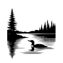 Lake at night with the tranquil ambiance interrupted by the call of a distant loon Vector Logo Art