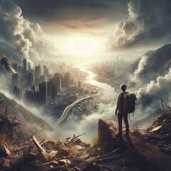 Back view of an explorer with a backpack witnessing the sunrise above a smog-covered cityscape from a mountainous overlook