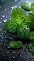 Visual composition of lots of ice with mint leaves in glacial purity. Mint leaves in a wintergreen freshness. Iced mint.