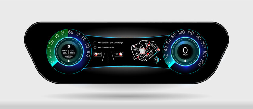 Futuristic Digital Car Dashboard Display with Vibrant Colors and Clear Readings, Ideal for Modern Vehicle Interior Design Concepts