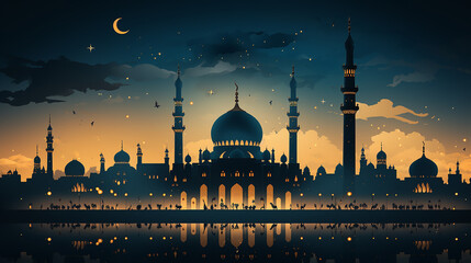Free_vector_Arabic_background_with_mosque_silhouette - obrazy, fototapety, plakaty