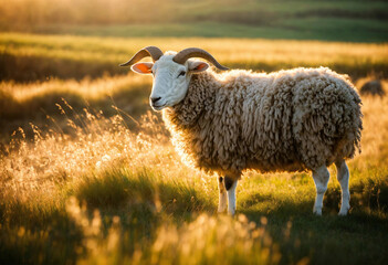 Side view of  horned ram on a sunny evening pasture
