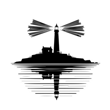 Reflection of a distant lighthouse casting intermittent beams on the lake's surface Vector Logo Art