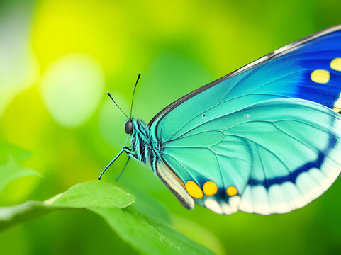 Un hermoso mariposa sobre una hoja verde. Vista de frente y de cerca. Copy space. IA Generativa