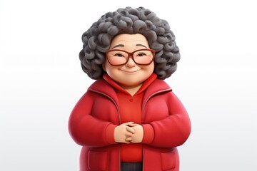 Old Asian woman with gray curly hair in red jacket. Chinese New Year.