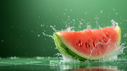 Levitation ripe watermelon with drops juice water splash , isolated on green background