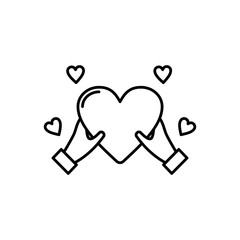 
hand with heart icon, share your love or great kindness, valentine's day concept, caring gesture, thin line symbol on white background - editable stroke