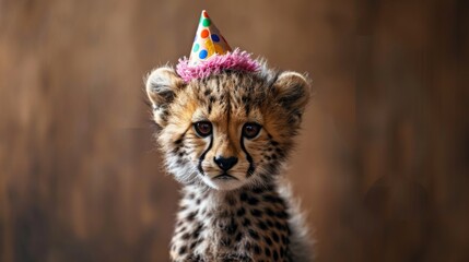 cheetah with birthday hat generative ai - obrazy, fototapety, plakaty