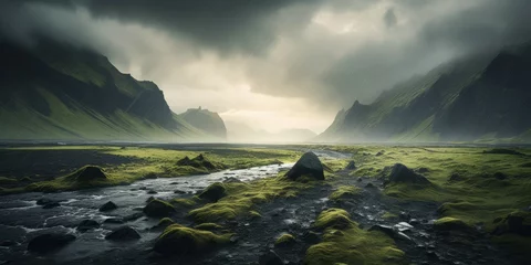 Foto op Plexiglas Valley Mystique: Fog's Veil Over River and Mountains © Pavlo