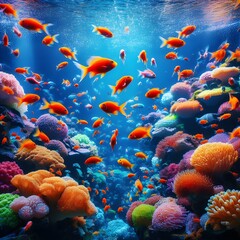 Océano, arrecife, corales y peces de colores  - obrazy, fototapety, plakaty