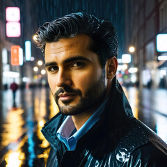 Retrato hombre joven con barba mojado bajo la lluvia en una calle de una ciudad por la noche