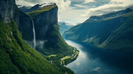 Mountain Majesty: Waterfall's Descent Amidst Peaks