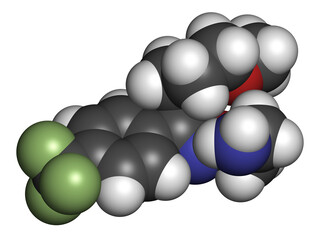 Fluvoxamine drug molecule (SSRI). 3D rendering.