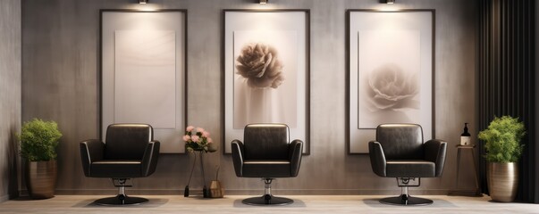 cozy contemporary luxury interior design of a relaxing lounge or beauty salon chair as modern home or hair dresser mockup wide banners - obrazy, fototapety, plakaty