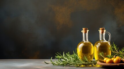 golden olive oil and vinegar bottles with thyme and aromatic herbs leaves, Italian Mediterranean food menu commercial setup as studio shot wide banner poster with copyspace area - Powered by Adobe