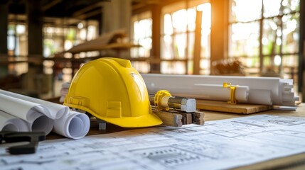 Fototapeta premium architectural project of the building and yellow helmet on design equipment generative ai