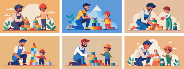 Vector illustration of father and son building blocks together, family bonding time
