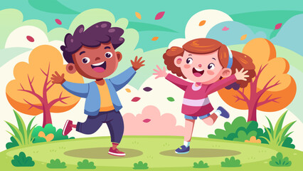 Joyful children playing outdoors in autumn vector illustration
