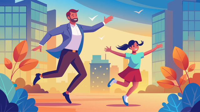 Joyful man and woman running playfully in an urban park vector illustration