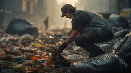 Male volunteer in special clothes is engaged in cleaning the city territory from garbage.