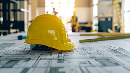 architectural project of the building and yellow helmet on design equipment generative ai