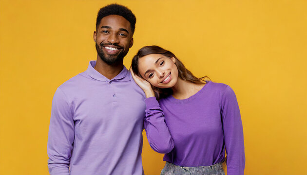 Young Smiling Happy Couple Two Friends Family Man Woman Of African American Ethnicity Wear Purple Casual Clothes Together Wife Put Head On Shoulder Isolated On Plain Yellow Orange Background Studio