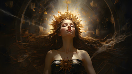 A woman clothed with the sun, with the moon under her feet and a crown of twelve stars on her head.  She was pregnant and cried out in pain as she was about to give birth