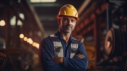 Portrait of Industry maintenance engineer man wearing uniform and safety hard hat on factory station. Industry, Engineer, construction concept.