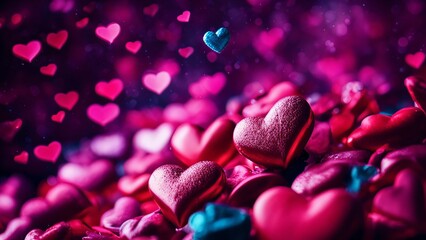 Valentine’s Day Close-up view of heart-shaped objects vibrant shades red pink. Hearts have shiny texture made glossy material. Background features smaller blurred heart shapes creating bokeh effect - obrazy, fototapety, plakaty