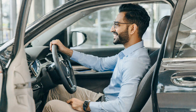 Side view adult man customer male buyer client in shirt sit drive electric car hold chair seat choose auto want buy new automobile in showroom vehicle salon dealership store motor show Sales concept