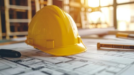 architectural project of the building and yellow helmet on design equipment generative ai