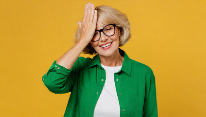Elderly sad blonde woman 50s years old wear green shirt glasses casual clothes put hand on face facepalm epic fail mistaken omg gesture isolated on plain yellow background studio. Lifestyle concept - obrazy, fototapety, plakaty