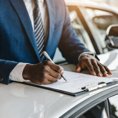 Cropped close up photo man customer male buyer client signs contract documents on hood choose auto want to buy new automobile in car showroom vehicle salon dealership store motor show. Sales concept.