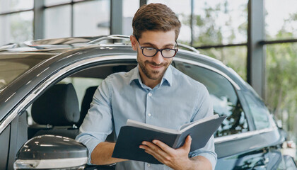 Adult man customer male buyer client wears shirt read catalog papers documents look aside choose auto want buy new automobile in car showroom vehicle salon dealership store motor show. Sales concept