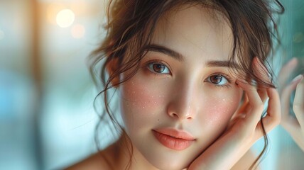 Dermatology, expression face worry asian young woman looking mirror hand touch facial.generative ai - obrazy, fototapety, plakaty
