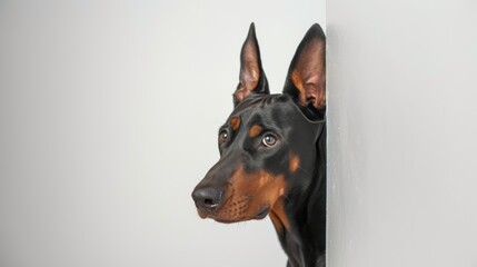 Doberman peeking around corner