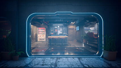 Entrance to a futuristic cyberpunk saloon bar on a fantasy alien world. 3D rendering.