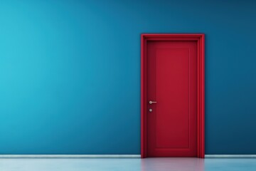 3d rendering of a red door in a room with blue wall, Ai Generated