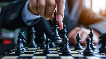 hand of businessman wearing suit moving chess figure in competition success play. strategy,teamwork, management or leadership concept